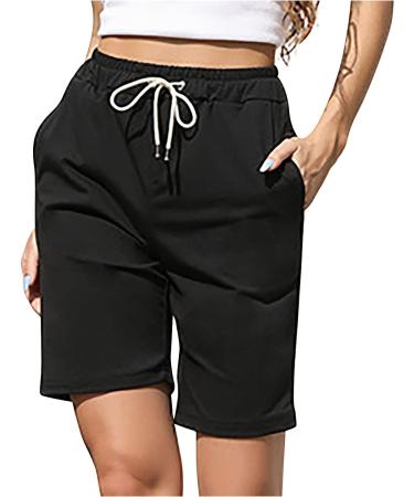 Women's Knee-Length Bermuda Shorts - Casual Summer Capris with Drawstring Waist in Black - Buy Online on GoSupps.com
