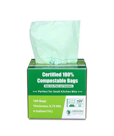 Primode 100% Compostable Bags, 4 Gallon (15L) Food Scraps Yard Waste Bags, Extra Thick 0.75 Mil. ASTM D6400 Compost Bags Small Kitchen Trash Bags, 100 Count Certified by BPI & TUV EU