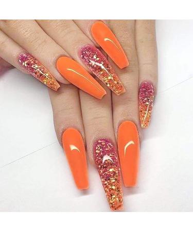 Sethain Glossy Glitter False Nails Green Fake Nail Rhinestone Long Full Cover Coffin Press on Nails for Women and Girls (Orange) - Buy Online on GoSupps.com
