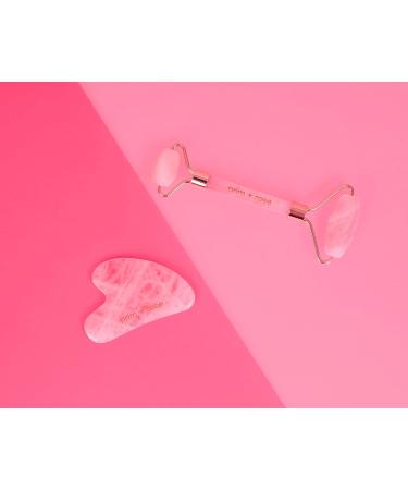 Prim+Rose Rose Quartz Gua Sha & Face Roller Set - Sculpt Massage Relieve Tension | Velvet Pouch & Sticker Sheet | International Shipping Available - Buy Online on GoSupps.com