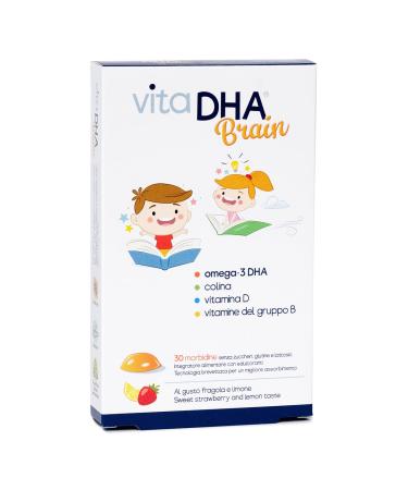 Vitadha Brain - 355 mg Om ga-3 - Pour les enfants - Saveur de fraises et de citron - Huile de poisson pure - Pour la vue m moire et cerveau - Certifi IFOS - Blister de 30 bonbons g lifi s
