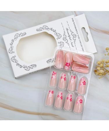 24PCS Pink Flower Press on Nails - Medium Square Glossy False Nails with Glue for Women - Spring Nail Decoration with Cute Flowers Design - Buy Online on GoSupps.com