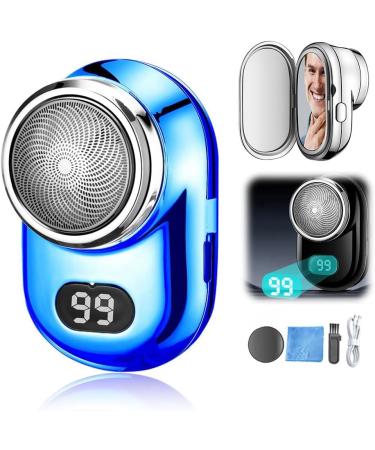 Mini Electric Shaver 2024 New Fast Charging Digital Display Mini Shaver Mini Portable with Mirror USB Rechargeable Powerful Storm Shaver for Men Mini Electric Razor Beard Trimmer (Blue)