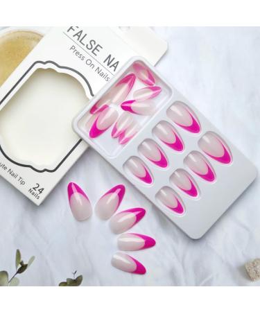 24 Pcs Hot Pink French Tip Press-On Nails | Short Almond Fake Nails - Reusable Acrylic Full Cover for Women - Buy Online on GoSupps.com