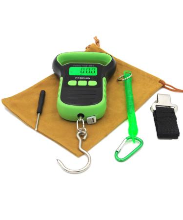 (LATEST VERSION)Fishing Scale, Rubberized Fish Scale, 110pounds/50kg, Portable Fishing Scale with Travel Pouch, Digital Fish Scale with 60 inches Ruler, Large Backlight LCD Dispaly, in Black and Green