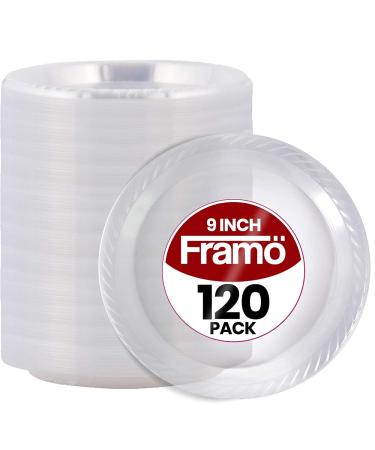 9 Inch Disposable Clear Plastic Plates In Bulk By Framo for Party and Dinner,And For Any Occasion, Microwaveable, BBQ, Travel, and Events (9 Inch 120 pack)