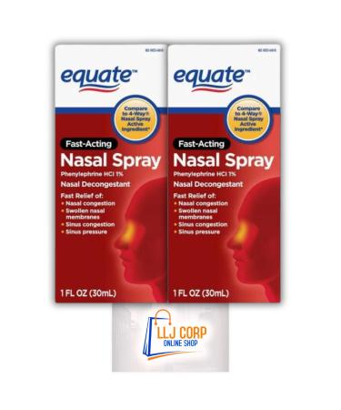 Equate 4-Way Nasal Spray Max Strength 1 Fluid Ounce Pack 2 Bundle with LLJ Corp Sticker.