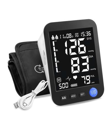 Automatic Blood Pressure Monitors - Blood Pressure Machine with Extra Large Screen, Adjustable Digital Cuff Arm Kit Led Backlit Display 2 Users 999 Sets Memory Includes Charging Cord Black