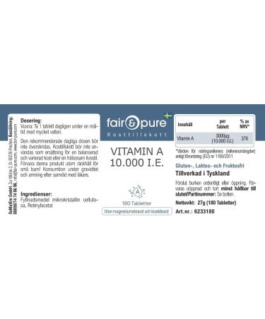 SoMatEm Fair & Pure vitamin A tablets 10000 IE 180 pieces 3000 g per tablet vegan food supplement without additives produced in Germany - Buy Online on GoSupps.com