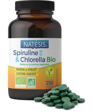 NATESIS — Spirulina & Chlorella Bio 50/50 — 250 tablets 540 mg — Organic and vegan food supplement — Vitality, digestion, immunity — Brown glass bottle — 135 g