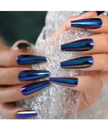 Shop EchiQ Chrome Diamond Blue Press On Fingernails | Extra Long Metallic Mirror Holo Fake Nails - Stylish Coffin Tips for Ladies - Buy Online on GoSupps.com