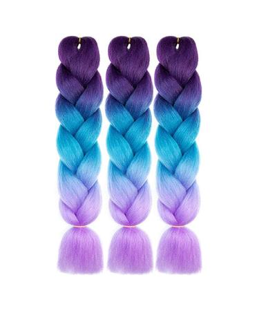 AFNOTE Ombre Braiding Hair 24 Inch 3Pcs Pre Stretched Braid Extensions - Dark Purple/Lake Blue/Light Purple - Buy Online on GoSupps.com