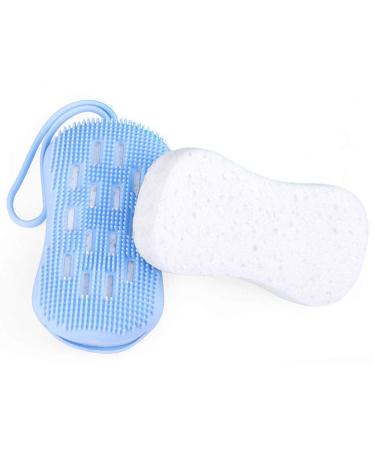 Soft Silicone Bath Scrub Body Brush with Sponge  2 in 1 Exfoliating Skin Massage Scrubber Face Cleaning Hair Shower Exfoliator Brush with A Repalcement Core for Wet or Dry Women Men Baby(Blue)