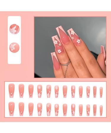 Glossy Nude Pink French Tip Coffin Press-on Nails with Flower Design - 24 Pcs - Buy Online on GoSupps.com