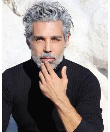 Beweig Mens Grey Wig Short Curly Grey Wig Synthetic Heat Resistant Costumes Natural Halloween Cosplay Hair Wig
