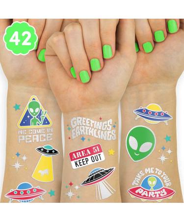 xo, Fetti Alien Temporary Tattoos - 42 Glitter Styles | UFO Space Themed Birthday Party Supplies, Area 51, Stars, Arts and Crafts