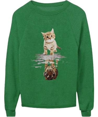 Geilisungren Women's Casual Long-Sleeved Sweatshirt with Cute Cat Print - Oversized Love Heart T-Shirt Tops (XL & Green) - Buy Online on GoSupps.com