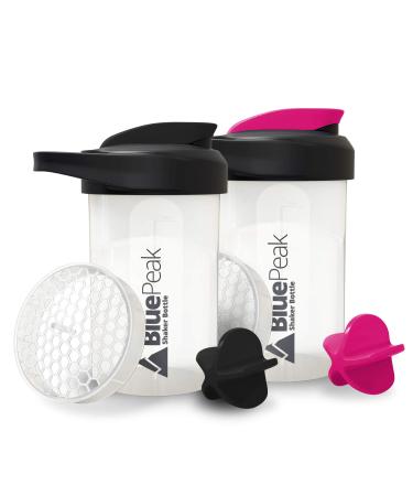 BluePeak Protein Shaker Bottle 20 oz with Dual Mixing Technology, Strong Loop Top, BPA Free, Shaker Balls & Mixing Grids Included - On-The-Go Small Protein Shakers (2 Pack - Black & Pink) Black-Pink