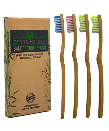 Terra Futura Bamboo Toothbrush 4 Pack Ergonomic Toothbrush. Eco Friendly Biodegradable & Environmentally Sustainable BPA Free Bristles Eco Compostable Toothbrush