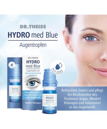 Dr. Theiss Hydro Med Blue Eye Drops | Hyaluronic Acid for Dry Eyes | Intensifies Eye Whiteness | Reduces Redness | Preservative-Free Eye Relief - Buy Online on GoSupps.com