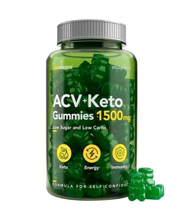 Keto ACV Gummies 1500 mg - Green Apple Natural Flavor - Vegan ACV Keto Gummies Advanced ACV Keto Gummies - Low Carbs Gelatin-Free Detox & Cleanse ACV Gummies - 60 pcs
