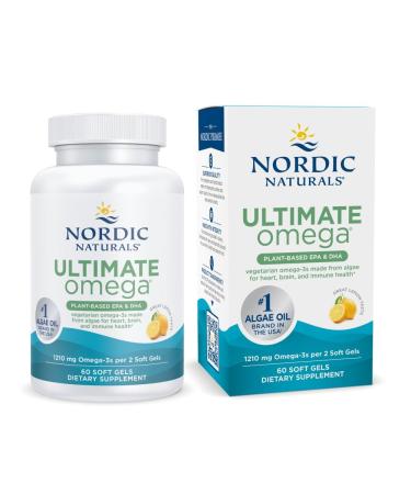 Nordic Naturals Plant Based Ultimate Omega Lemon Flavor - 60 Vegetarian Soft Gels - 1210 mg Omega-3 - Vegan EPA and DHA - Supplement Made from Algae - Brain & Heart Support - Non-GMO - 30 Servings