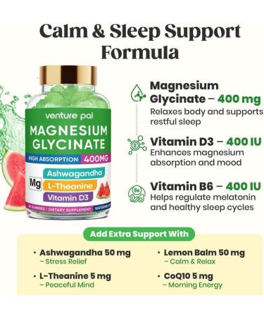 60 Day Supply Magnesium Glycinate 400mg Gummies with Ashwagandha L-Theanine CoQ10 Vitamin D3 & B6 Sugar Free Magnesium Gummies for Adults & Kids Stress Relief Sleep & Calm Vegan Gluten Free 60 Count (Pack of 1) V1-w  - Buy Online on GoSupps.com