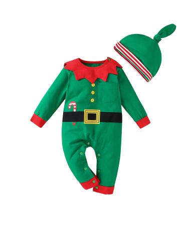 LIKPOJA Newborn Baby First Christmas Elf Outfit One-Pieces Baby Christmas Dress Up Santa Costume with Elf Hat for Toddler Baby Girls and Baby Boys 3-6 Months Christmas Elf Outfit J