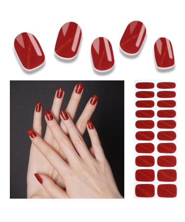 Foyute Semi Cured Gel Nail Strips 20 Pcs Soft Self-Adhesive Gel Nail Polish Wraps Sticker for Salon-Quality Manicure Set Long Lasting Easy to Apply & Remove Nail File & Wooden Stick Cat Eye Red