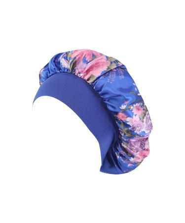 Women Satin Night Sleep Cap Hair Bonnet Hat Silk Cover Wide Elastic Shower Caps Home Bathroom Royal Blue One Size