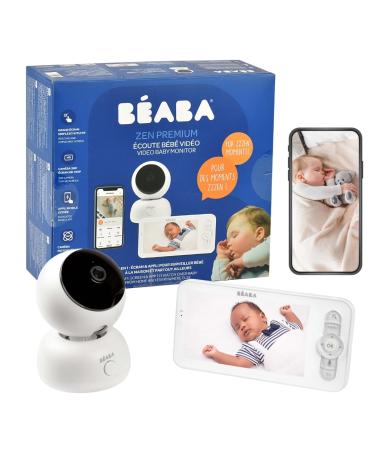 B aba baby monitor video 2 in 1 display and special cell phone app HD camera 360 rotatable night vision walkie talkie lullied songs temperature and moisture control zen premium white