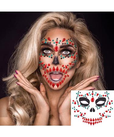 Skull Ghost Face Jewels Temporary Tattoos - Halloween Rhinestone Fake Tattoos for Cosplay Party - 3 Sheet Set - Buy Online on GoSupps.com