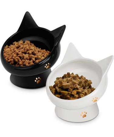 Ceramic Cat Bowls Set - Anti Vomiting, Tilted, Elevated - For Cats and Small Dogs - Protects Pet's Spine - Dishwasher & Microwave Safe - 2 Pack Black-White - Buy Online on GoSupps.com