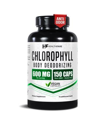 Healthfare Chlorophyll Capsules 600mg | Internal Deodorant & Body Odor Support | 150 Veg Pills for Women & Men | Premium Plant-Based Supplement | Vegan Non-GMO Gluten-Free | Made in USA