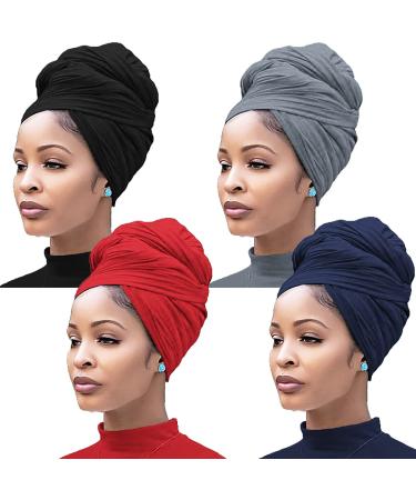 Nonbongoy 4PCS Head Wraps for Black Women Stretch Headwraps Super Soft Hair Wraps Turban Head Scarf for Braid Dreads Locs 4-black&wine Red&navy Blue&wine Red
