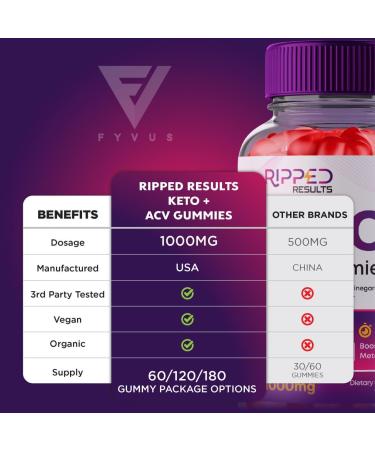 Fyvus Ripped Results Keto ACV Gummies - 2 Pack 1000MG Apple Cider Vinegar Supplement for Weight Loss & Energy - Advanced Keto + Folic Acid (120 Gummies - Buy Online on GoSupps.com