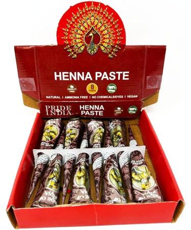 Pride Of India - Henna Paste 4 Cones + 4 Cones FREE - 1.25oz each Large Tube - NEW - 100% Natural Plant Based - NO Chemicals/Dyes - Cruelty Free - Amazing Value Kid Friendly - Use like a Pen - Temporary Coloring Product - Washes away in 10-12 Days 8 Count - Buy Online on GoSupps.com