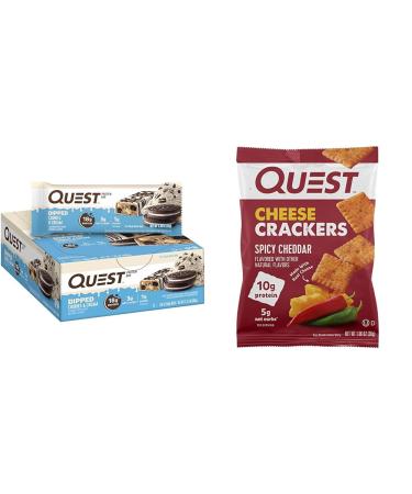 Quest Dipped Cookies & Cream Protein Bars and Spicy Cheddar Cheese Crackers Bundle 12 Count Each