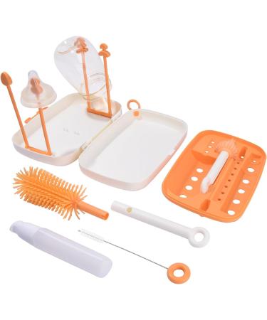 Bebamour Travel Baby Bottle Brush Set - Portable Silicone Cleaner Brush, Straw Brush, Soap Dispenser, Drying Rack - Beige - Buy Online on GoSupps.com