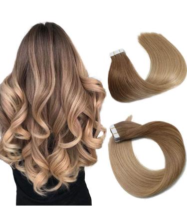 Tape in Extensions real hair ombre hair 20pcs/50g per set golden brown fading up to medium golden brown double -sided adhesive tape skin shot remy silk smooth hair tape in hair extensions 20 inches (50cm) 50 cm ombre golden brown to medium golden brown