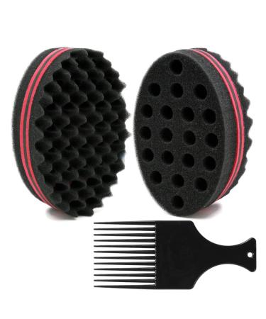 BEWAVE Big Holes Barber Hair Brush Sponge Dreads Locking Twist Afro Curl Coil Wave Hair Care Tool, 2 Pcs with 1 Pc Hair Pick 2 Count (Pack of 1)