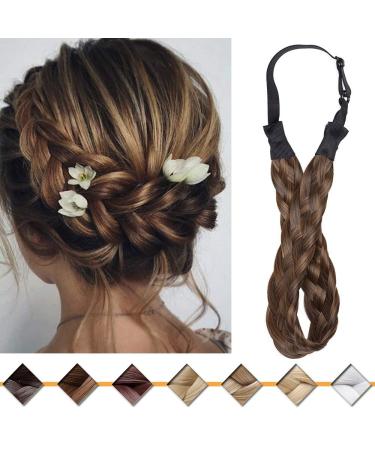 Silk-co women hair band 5 strands blond artificial hair braided headband elastic hair band for women and girls wedding vintage with hair tie hair part braids extensions 2.5cm wide 4a/27 2.5cm wide medium brown & dark blonde