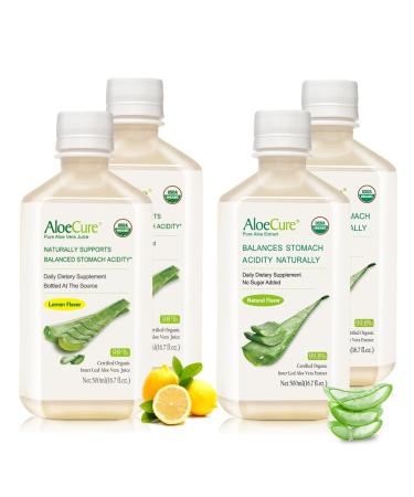 AloeCure Organic Aloe Vera Juice - 4 Bottle Sample Pack - Lemon & Natural Flavor 4x500ml