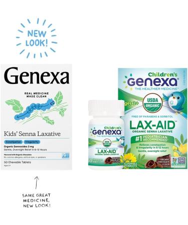 Genexa Kids Senna Laxative - Gentle Overnight Constipation Relief - 50 Chewable Tablets - Certified Vegan & Organic - Non-GMO, Dye-Free, Talc-Free - Buy Online on GoSupps.com