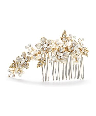 Mariell Handmade Brushed Gold and Ivory Pearl Wedding Comb - Crystal Jeweled Bridal Hair Accessory