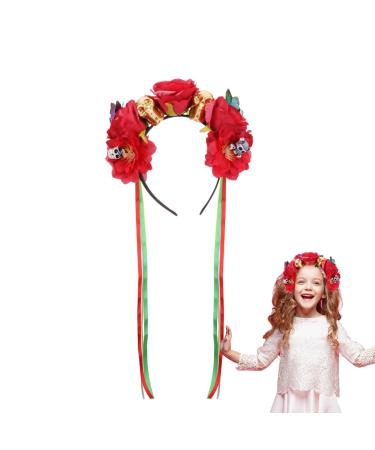 Minkissy Halloween Flower Headband Mexican Rose Flower Crown Skull Headpiece dia de los muertos Flower Crown (Red)