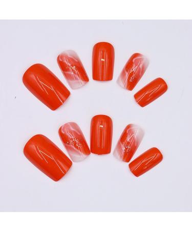 Shop 24Pcs Orange Press on Nails - Medium Square Glossy Marble Texture with Glitter Gold Foil Design | Full Cover Acrylic Stick on Nails for Women & Girls - International Shipping Available - Buy Online on GoSupps.com