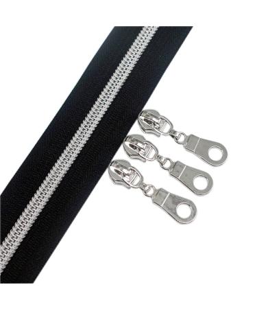 YaHoGa 5 Silver Metallic Nylon Coil Zippers by The Yard Bulk Black 10 Yards with 25pcs Sliders for DIY Sewing Tailor Craft Bags (Silver Black)
