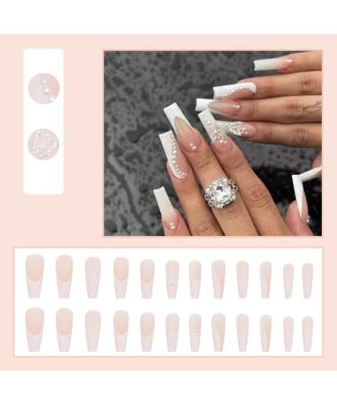 Justotry 24PC Pearls Coffin Nails with Butterflies | White & Pink Ballerina Press-On Nails for Women | Beautiful Medium Fake Fingernails - Buy Online on GoSupps.com