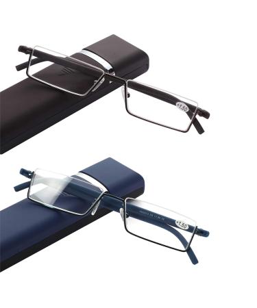 Half Frame Reading Glasses with Portable Case Thin Lightweight Reader Glasses for Women and Men(2Pairs 1.5) (black blue) 1.5 x